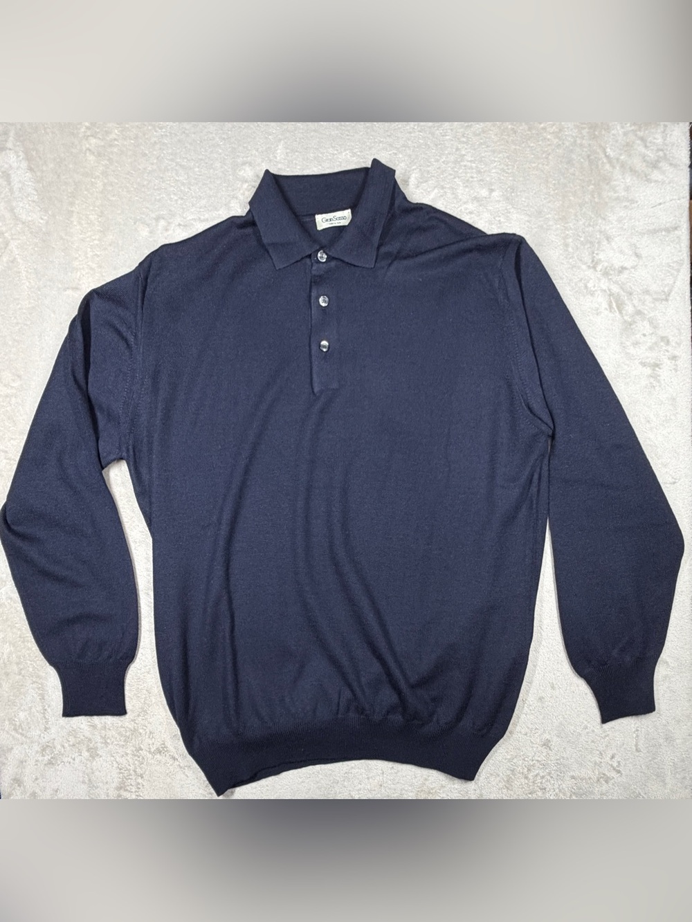 Gran Sasso Men’s 100% Virgin Wool Knit Navy Blue Long Sleeve Polo Sweater Large